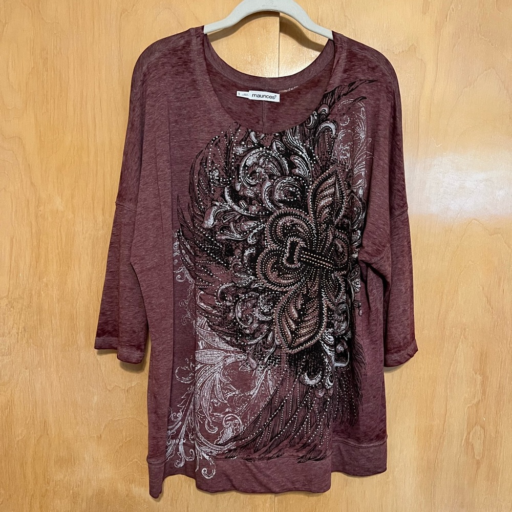1X Maurices embellished 3/4 length sleeve tee